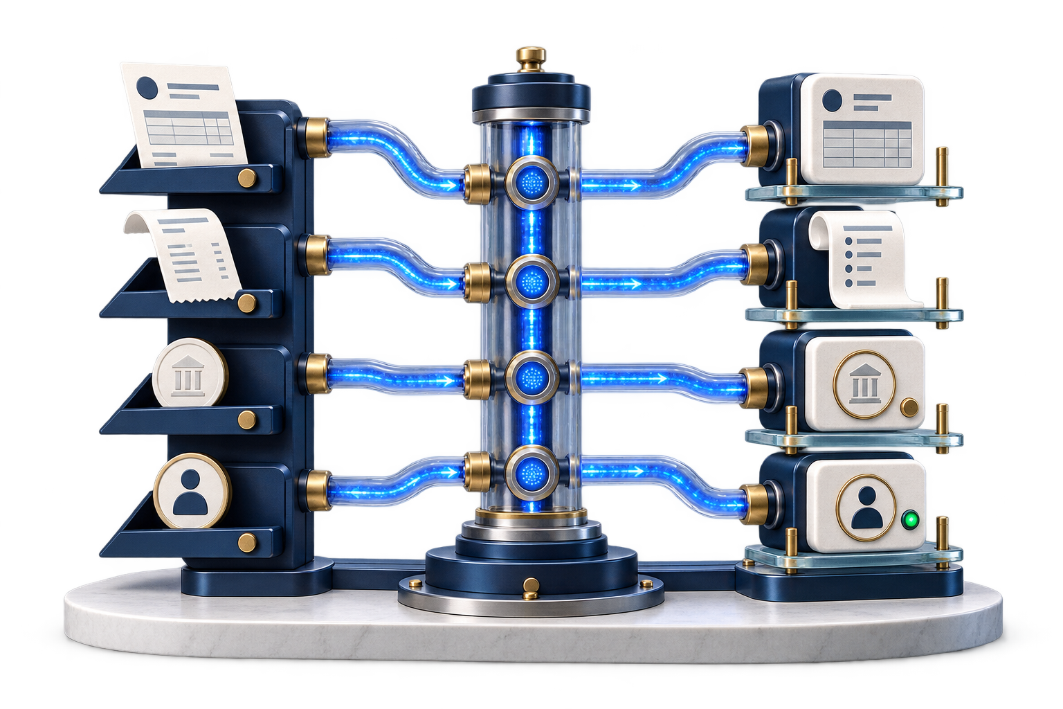 A structured record gateway exposing invoices, receipts, payments, and contacts through shared connections.