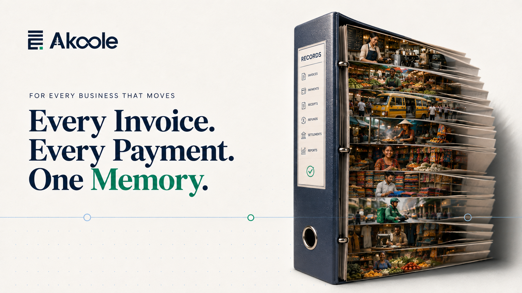 Akoole explainer poster showing Every invoice, every payment, one memory.