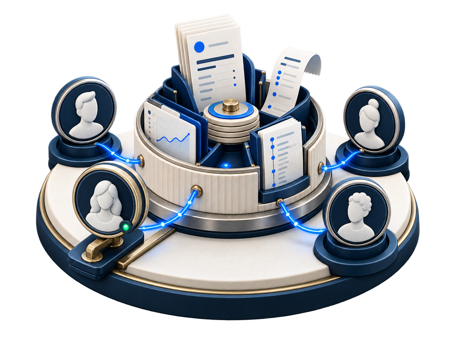 A customer and vendor archive linking each contact to invoices, receipts, balances, and history.