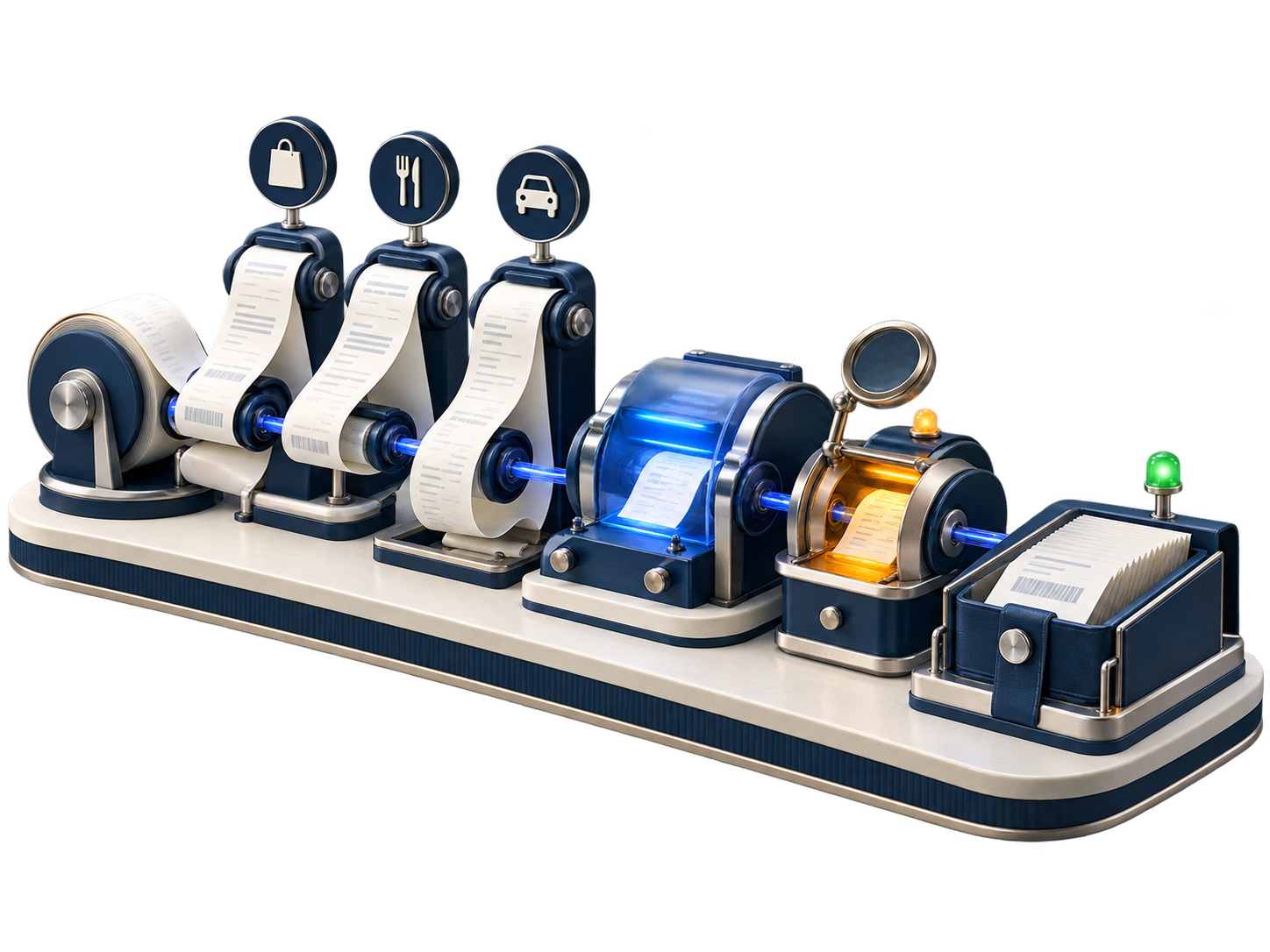 A receipt-sorting machine capturing, categorizing, reviewing, and filing expense records.