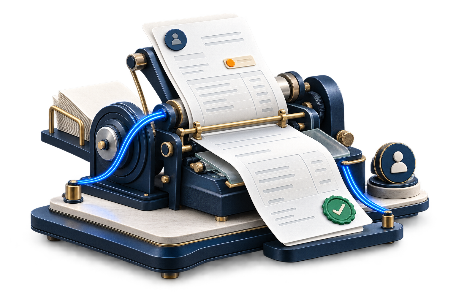 A tactile invoice press threading a customer record through draft, due, and paid states.