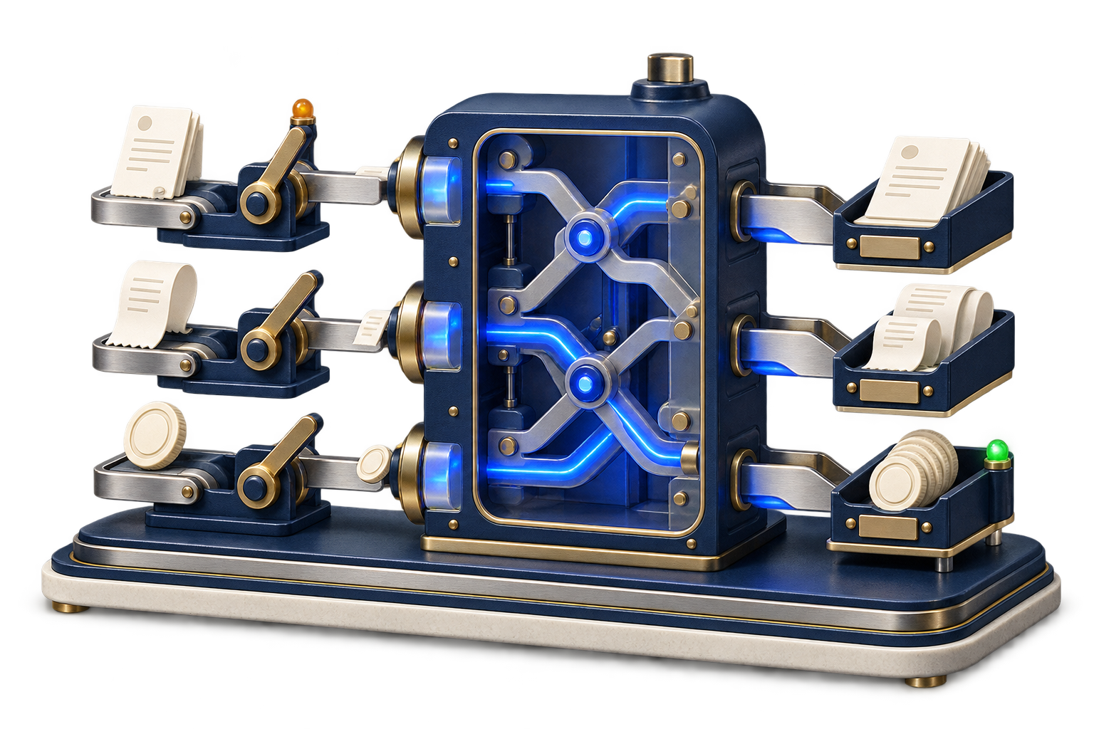 A precision rule switchboard sorting invoices, receipts, and payment records into automated flows.